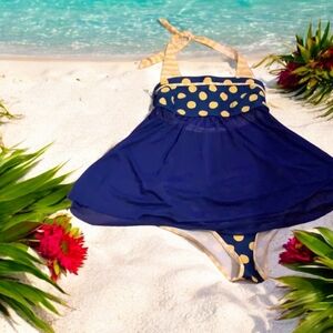 Tankini royal blue yellow polkadots sheer ties around neck cute size Med…500